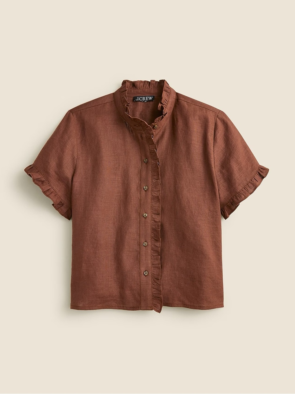 J. Crew Ruffle-trim button up shirt in roasted cocoa linen